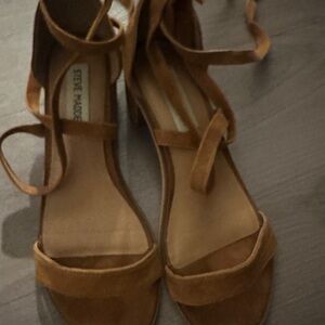 Steve Madden Tan Suede Wrap-Ankle Block Heel Sandals